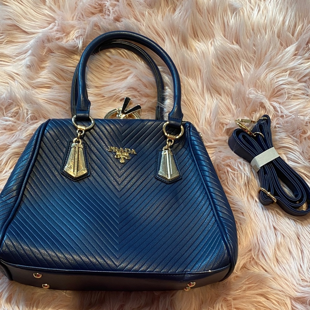 Prada Navy Blue Satchel with Gold Accents